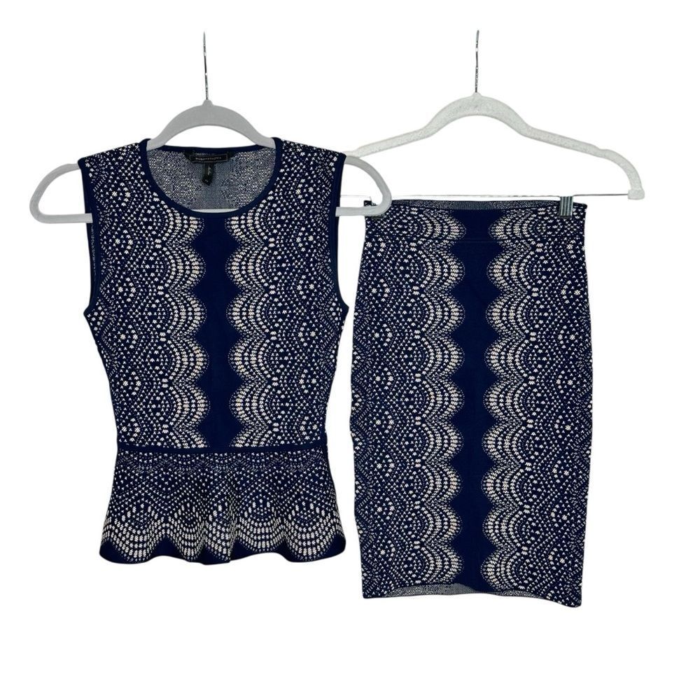 Bcbg Alonya Navy Blue Peplum Top Knit Skirt Set |Xs